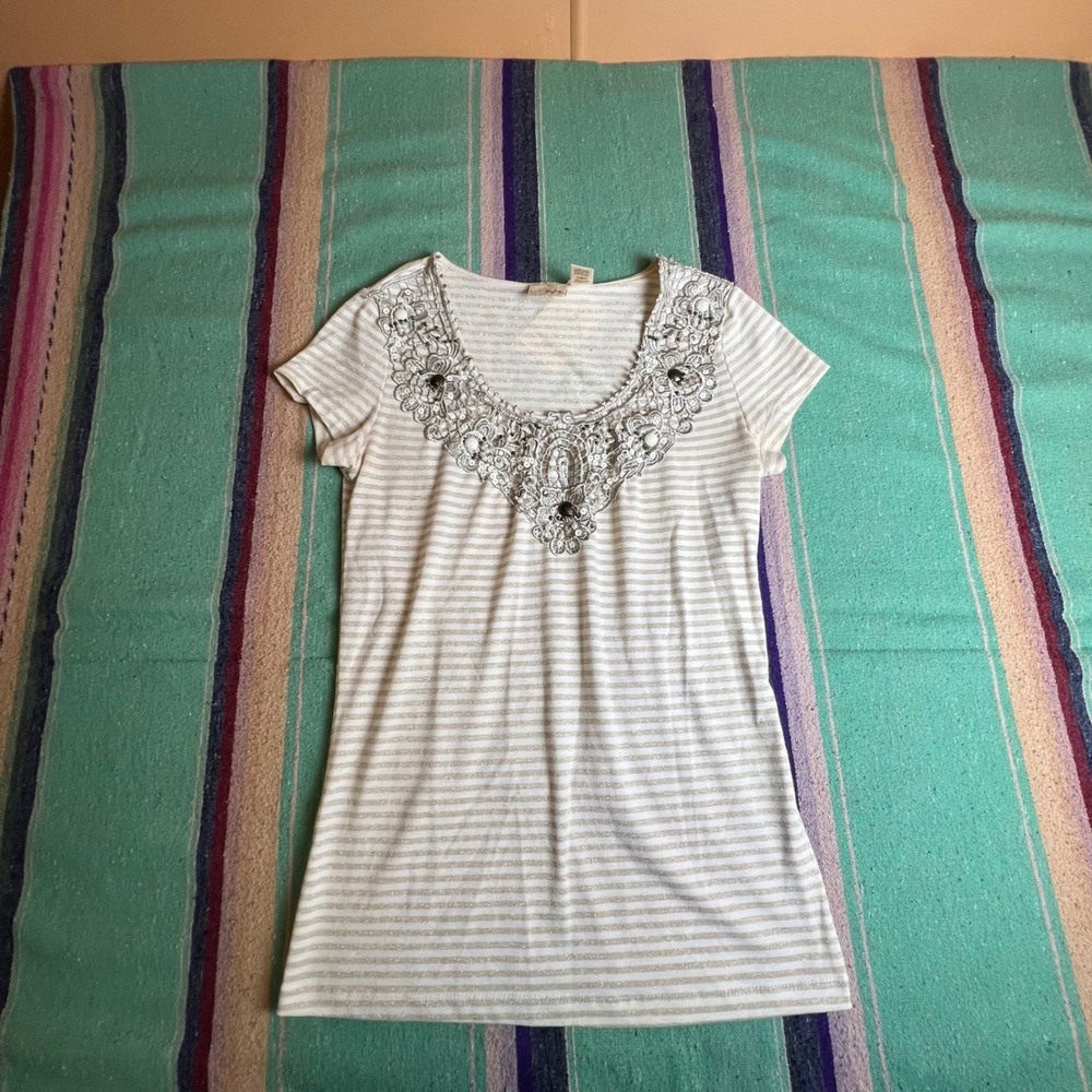 Top Womens Small Cream Gold Metallic Stripe Lace Sequin Embellished Boho